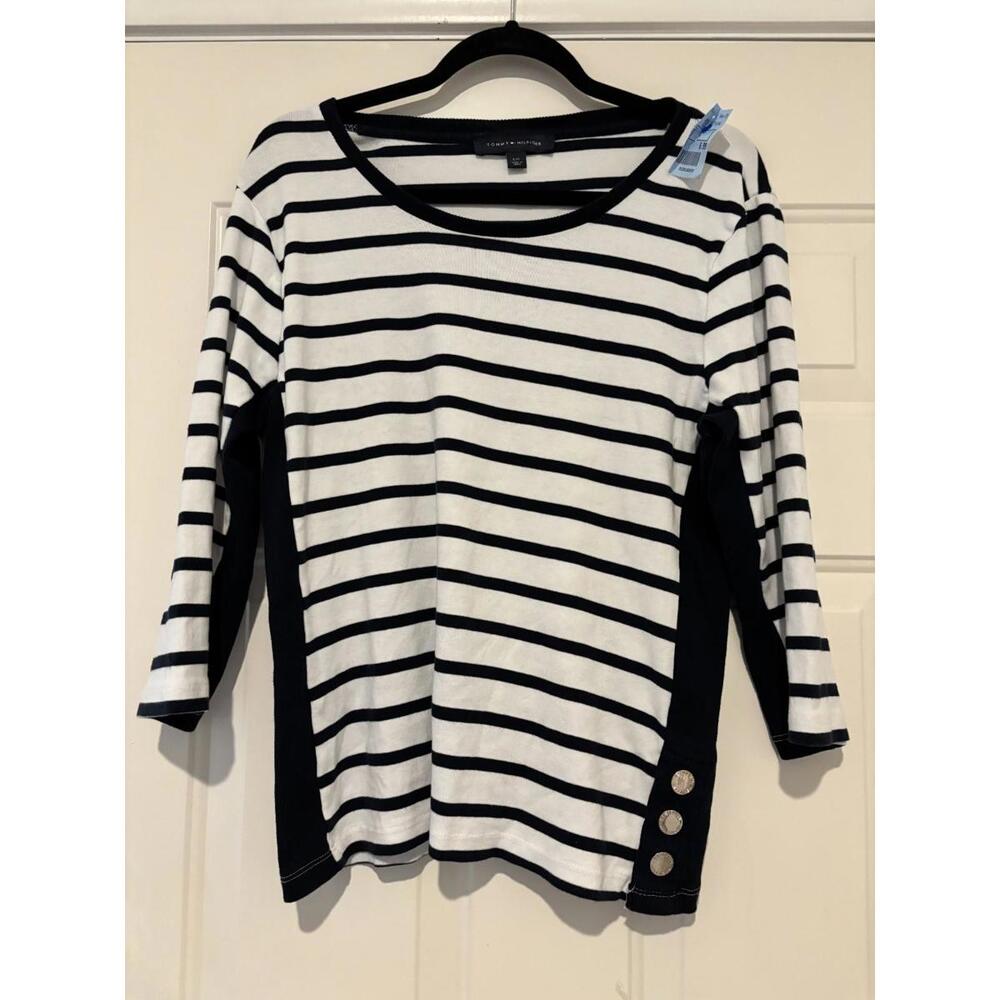Women's nautical coastal sz L vintage Tommy Hilfiger blue/white shirt #763
